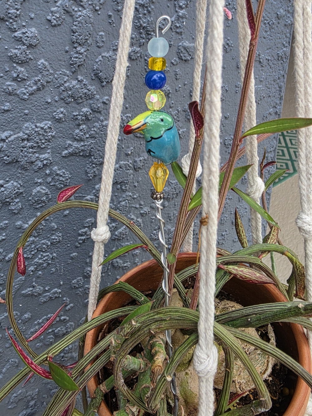 Handmade  Plant Stake/stick With Ceramic Toucan - Blue, Green & Yellow Beads